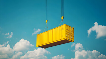 Yellow shipping container being lifted by crane against blue sky with white clouds.