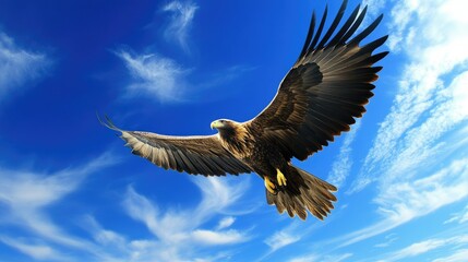Fototapeta premium A golden eagle soaring against a bright blue sky, wings spread wide in flight