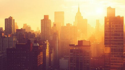 Fototapeta premium A golden hour view of a city skyline, with buildings bathed in warm light