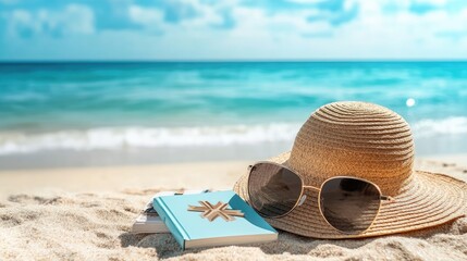 A sun hat, sunglasses, and a travel insurance booklet on a beach, ready for a safe and relaxing vacation. Clear copy space.
