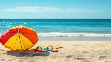 A sunny beach scene with colorful umbrellas and flip-flops, capturing the essence of Spring Break. Ample copy space.