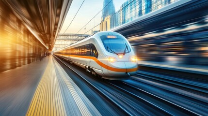 Fototapeta premium A train speeding through a station, with motion blur effects and a modern setting. Plenty of copy space for dynamic travel content.