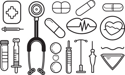 A simple vector icon set of health and medical symbols, including a stethoscope, pill, syringe, and heart