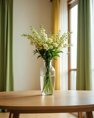 White flowers in a glass vase on a wooden table.