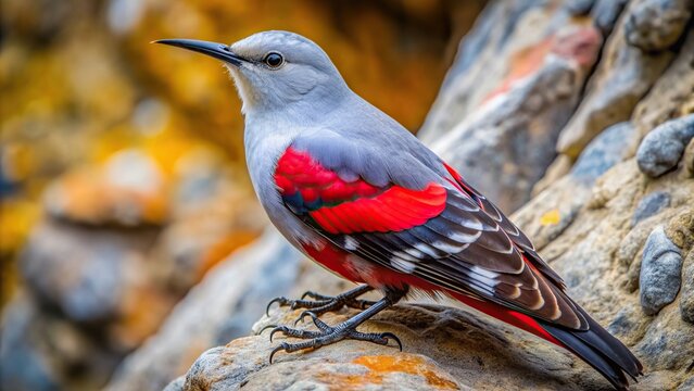 small bird, A detailed close up photo showcasing the vibrant colors and unique feather patterns of a Wallcreeper Tichodroma muraria as it perches on a rocky surface
