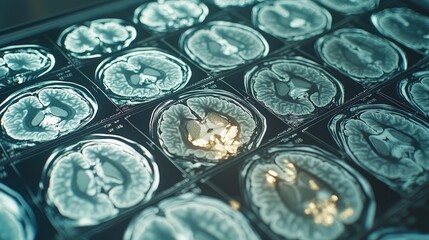 High-angle shot of a complete set of MRI images for the brain, spread out on a light table. Copy space on the right.