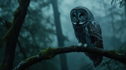Fototapeta premium A grey owl perched on a tree branch in a dense, misty forest