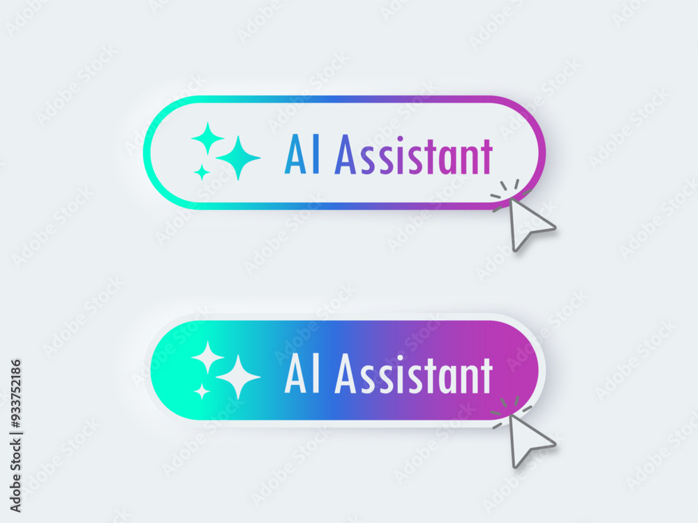 Poster Modern AI assistant Button. 3D push button. AI stars. Artificial intelligence technology concept. Chat with AI. UI UX design, Vector illustration.