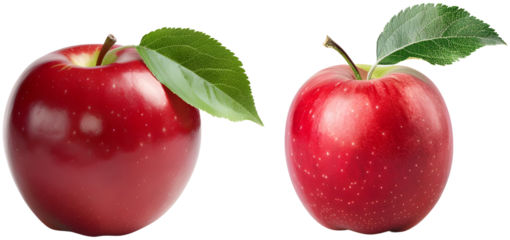 A Pair of Perfection: Two crisp, ripe red apples with leaves, isolated on transparent background.
