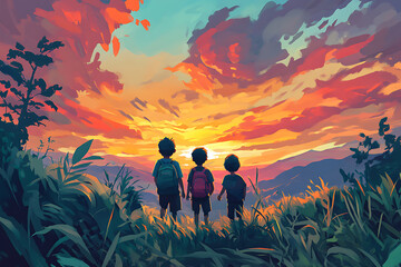 A collection of children depicted in a flat art style
