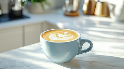A light blue coffee cup filled with latte, placed on a white marble countertop