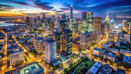 Obraz premium Aerial view of a diverse city skyline at night, cityscape, global, urban, lights, buildings, modern