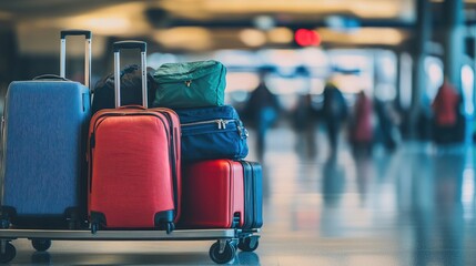 Various suitcases and travel bags placed on a luggage cart in a modern airport, with the terminal and travelers in the blurred background. Copy space available.