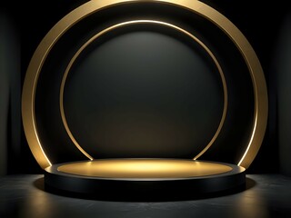 Abstract black and gold geometric background with a podium.