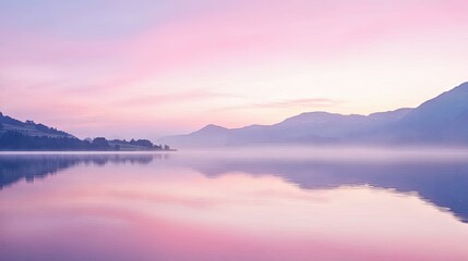 Obraz premium A pink pastel sky reflected in the calm waters of a tranquil lake at dawn