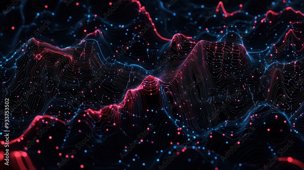 Aufkleber abstract digital landscape with red and blue neon lights, depicting futuristic data visualization an