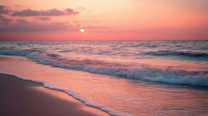 Fototapeta premium A rose-colored sunset casting warm hues over a sandy beach with gentle waves
