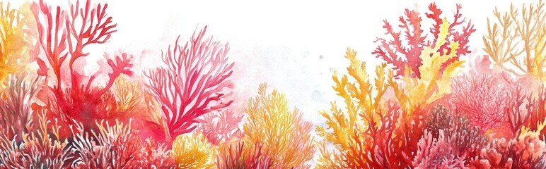 Fototapeta premium Vibrant red and yellow underwater coral reef scene Watercolor illustration collection of tropical plants Aquarelle artwork in a square frame border