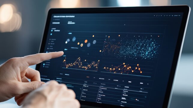 Analyzing complex data visualizations on a laptop screen, showcasing graphs and charts for business intelligence and performance tracking.