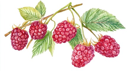 Ripe raspberries with green leaves on a white background illustrated in watercolor