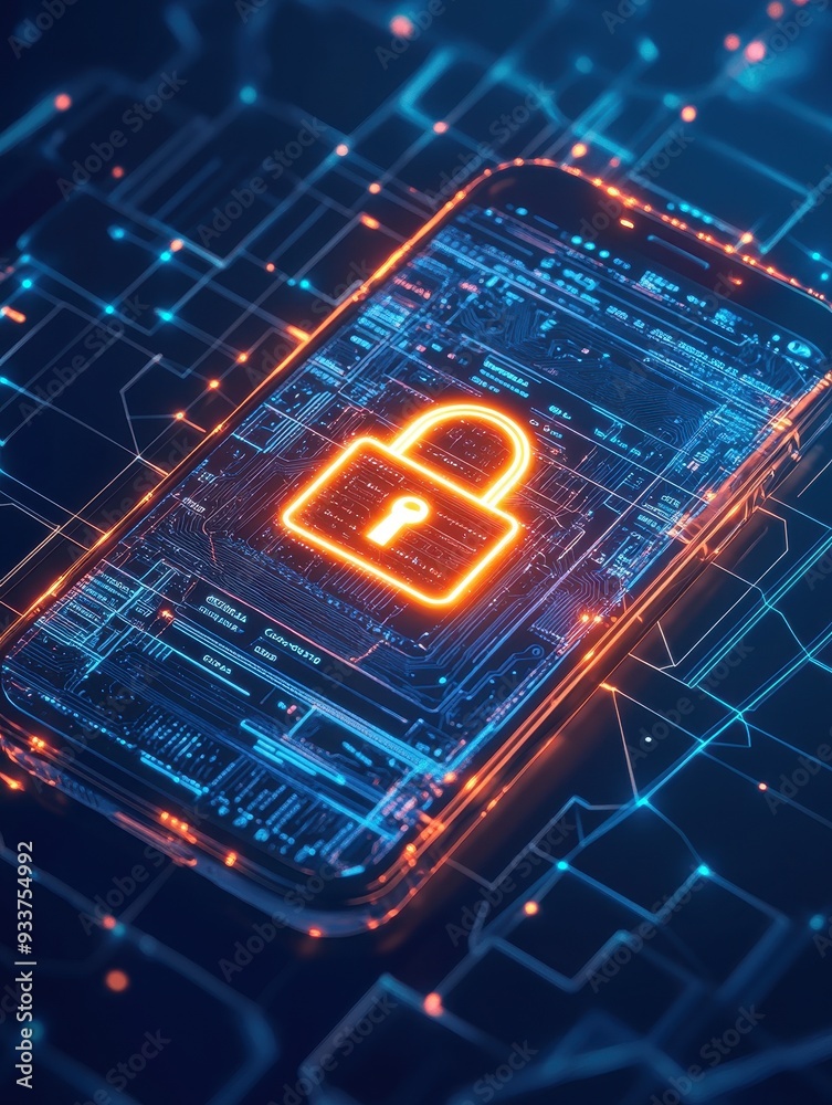 Fototapete a smartphone with a glowing lock symbol representing data security and protection in a digital cyber