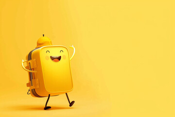 A cheerful cartoon suitcase character dancing joyfully on a yellow background, with ample free space and copy space available.