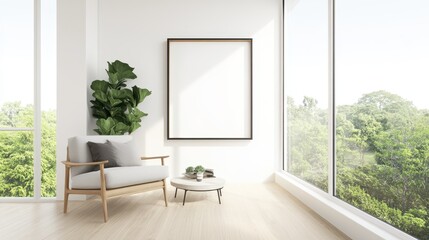 Fototapeta premium Bright minimalist living room with large windows, green plants, and a cozy armchair. Modern interior design with natural light and simple decor.
