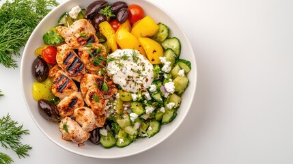 A vibrant spread features Greek chicken shawarma, tzatziki, olive salad with feta, gyoza, and a bright lemon, beautifully arranged on a white counter