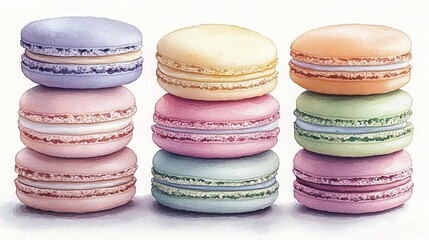 Colorful macarons arranged in a neat row.