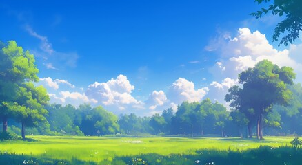 Fototapeta premium Anime Style Park Scene with Green Trees, Grass, and Blue Sky Adorned with White Clouds, Fresh and Inviting Atmosphere