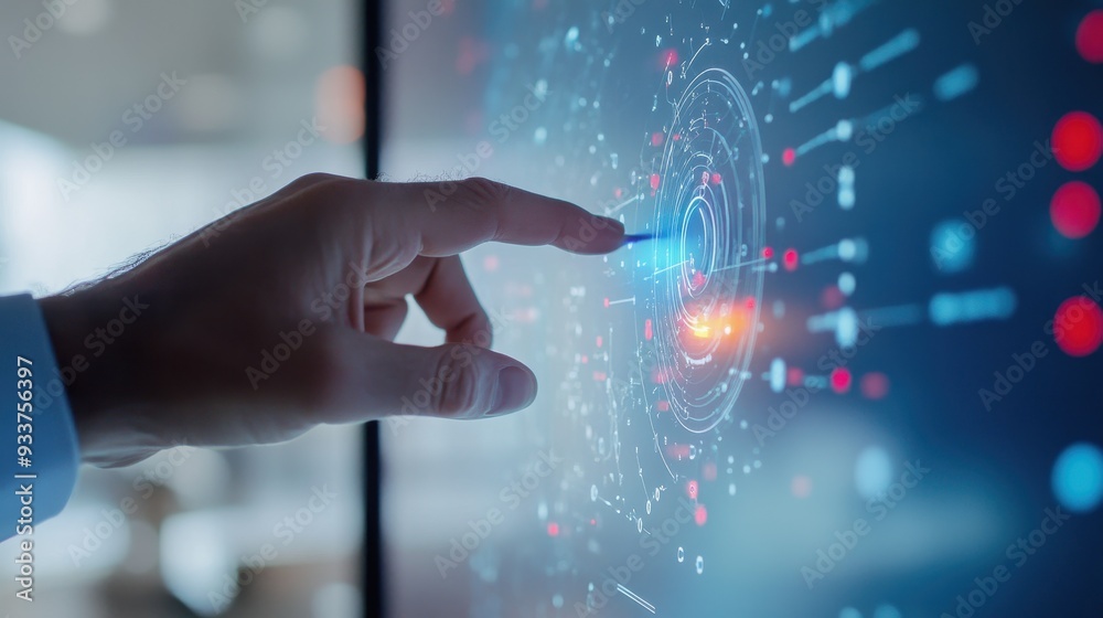 Poster close-up of a hand interacting with a futuristic digital touchscreen, representing innovation and ad