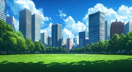 Obraz premium Anime-Style City Skyline with Green Grass, Trees, and Blue Sky, Featuring Tall Buildings in the Distance