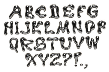3d chrome liquid font. Silver bubble typeface. Liquid metal letters. Y2K style alphabet. Font with dripping glossy effect. Letters with molten metal effect. Metallic, fluid surface with reflections