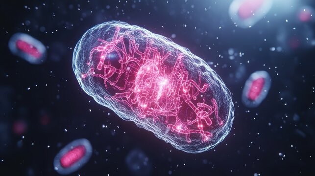 Close-up of a glowing, detailed cell structure with intricate patterns on a dark background, representing biological and scientific research.