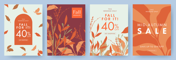 Autumn Sale background, banner, or flyer design. Set of colorful autumn posters or card with bright beautiful leaves and plants frame and typography design. Template for advertising, web, social media