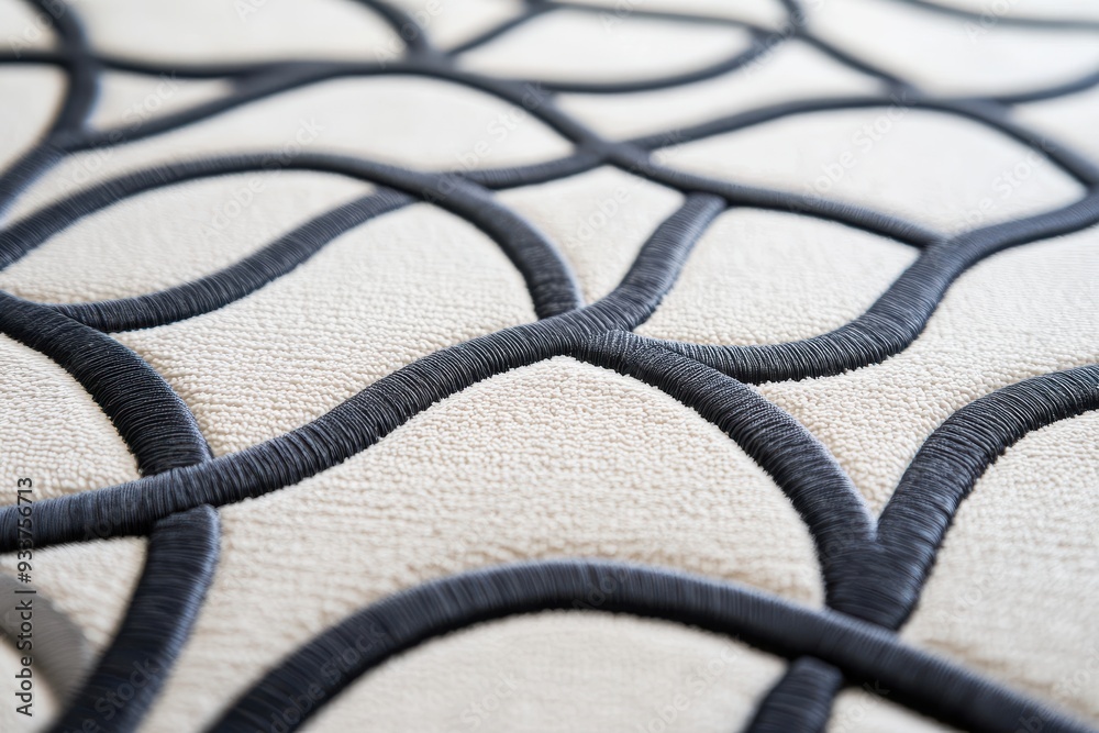 Poster close-up of a modern, abstract geometric pattern with black curves on a textured beige background. i