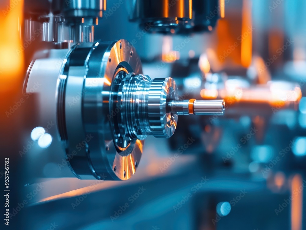 Poster Close-up of a precision CNC machine in action, showcasing intricate metalworking and advanced automation technology in a modern factory setting.
