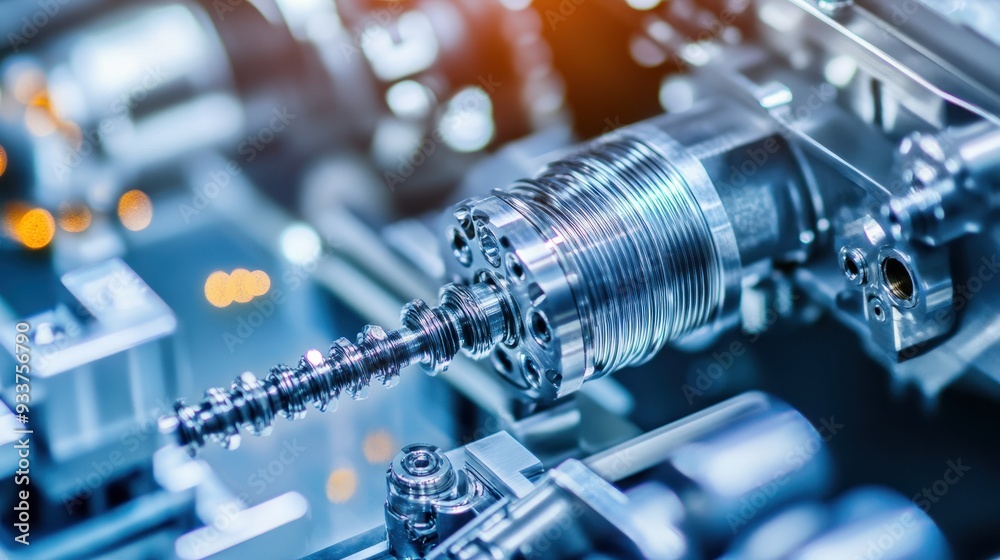 Poster close-up of a precision cnc milling machine used in a factory for metal drilling and manufacturing, 