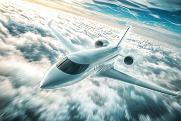 Fototapeta premium High speed modern airplane speeding above the clouds. Generative Ai