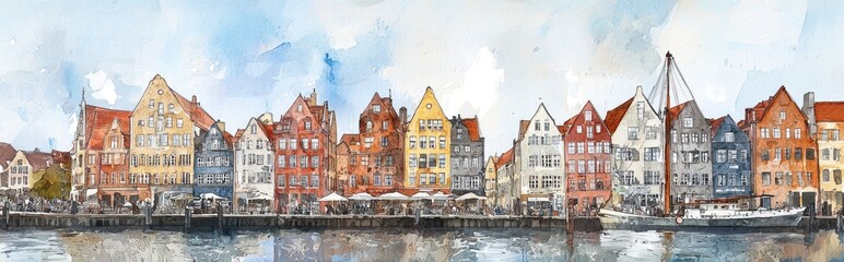 Panoramic view of a series of Hanseatic heritage commercial buildings along a waterfront watercolor sketch illustration