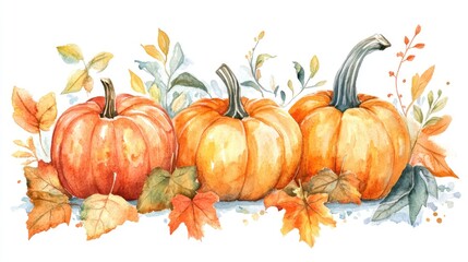 Watercolor autumn composition featuring vibrant pumpkins and leaves Ideal for festive decor invitations and greeting cards Hand painted illustration