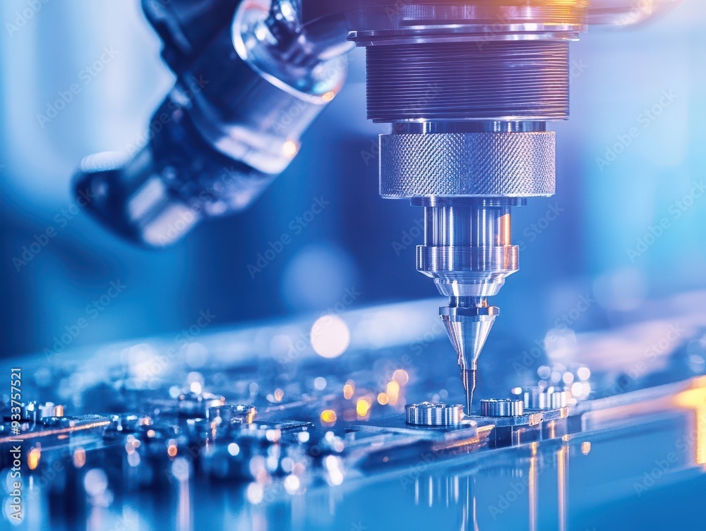 Poster close-up of cnc machine drilling into metal, showcasing precision engineering and automated technolo