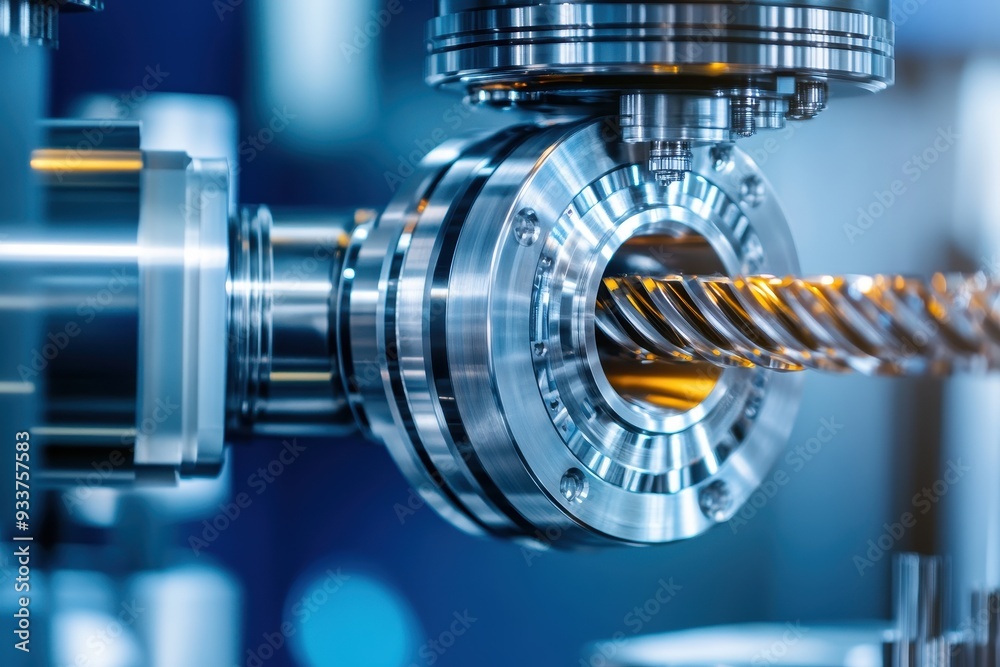 Poster Close-up of high precision CNC machine component in a factory setting. Shiny metal, intricate details, and advanced engineering visible.