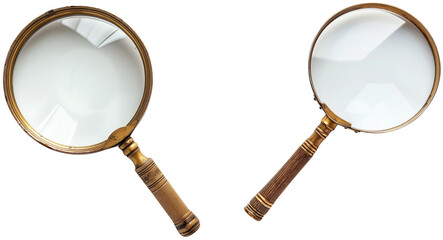 Magnifying Glass Duo: Two vintage magnifying glasses, with brass frames and wooden handles, isolated on transparent background.