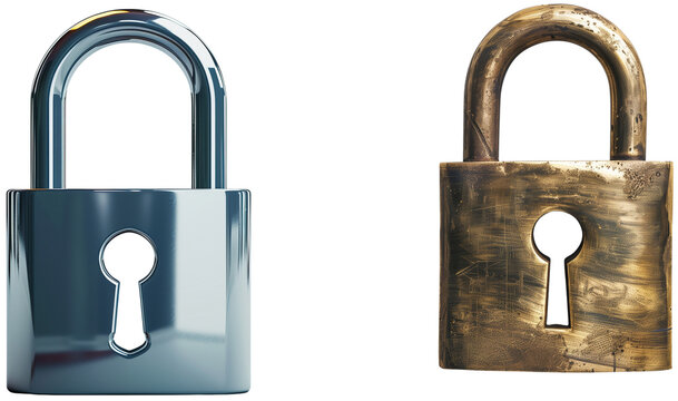 Security and Protection: A contrasting study of a modern, sleek lock and a vintage, weathered lock. This image symbolizes the evolution of security systems, isolated on transparent background.