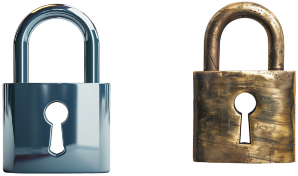 Security and Protection: A contrasting study of a modern, sleek lock and a vintage, weathered lock. This image symbolizes the evolution of security systems, isolated on transparent background. - Powered by Adobe