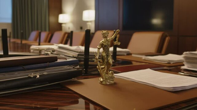 Close-up view of gold-plated statuette of themis goddess of justice on wooden table in meeting room of law company