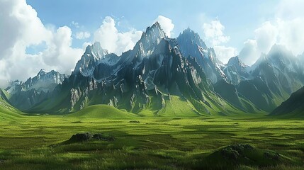 Fototapeta premium Majestic Mountain Range with Lush Green Valley - 3D Illustration
