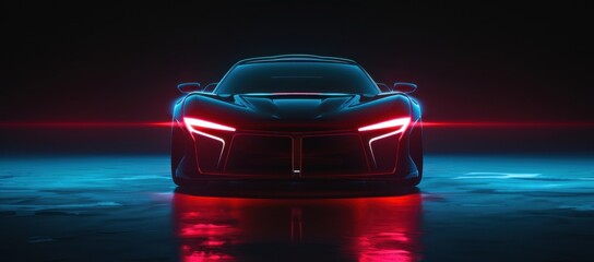 A dark background illuminated by red and blue lights, featuring the front of an electric sports car with its headlights on Generative AI