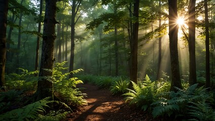 Obraz premium Design a bright and uplifting image of the sun shining through the trees in a lush forest.